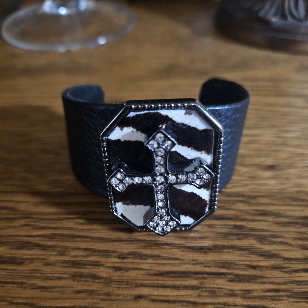 Black Leather Cuff with Zebra Print and Rhinestone Cross Design